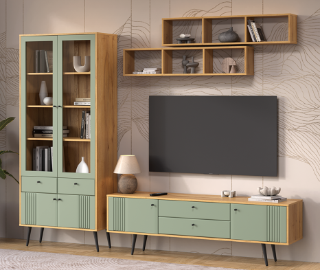 «Вега Саксония» Шкаф-витрина двухдверная Серо-зелёный